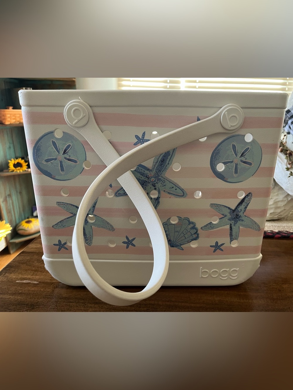 Starfish & Seashell Bogg Bag in Pink Stripes and Blue Shells - Medium